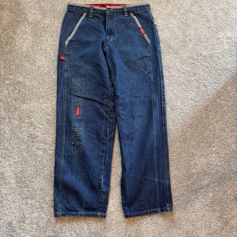Brooklyn Xpress Jeans Co Baggy Denim Pants Blue Wide Leg Embroidered Mens 36x31